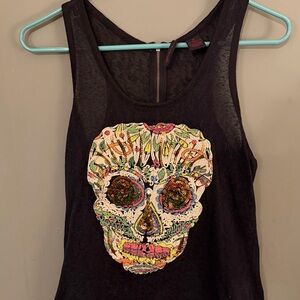Black Women's Tank Top with Multicolor Sequin Skull Embellishment